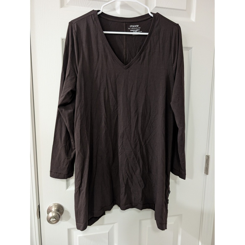 Chicos, Travelers Tee, Wmns 2 (Large), Asymmetric Tunic Top, Long Sleeve, Brown
